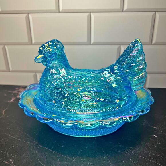 Mosser Buffet Blue Carnival Hen on Nest *GLOWS* - Picture 1 of 8